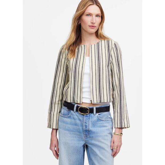 Madewell Crop Cardigan Jacket L NWT Stripe Linen Blazer Zip Blue Western NV232
